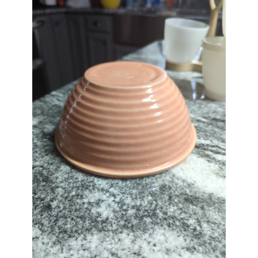 Vintage Pink/Coral Pottery Ribbed Ringed Bowl 7"  Shabby Chic
